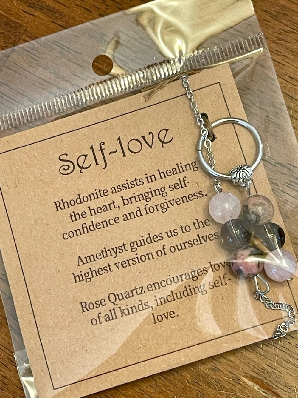 NEW~”SELF-LOVE” Gemstone Keychain & Bracelet SET~(Rhodonite-Amethyst-RoseQuartz)